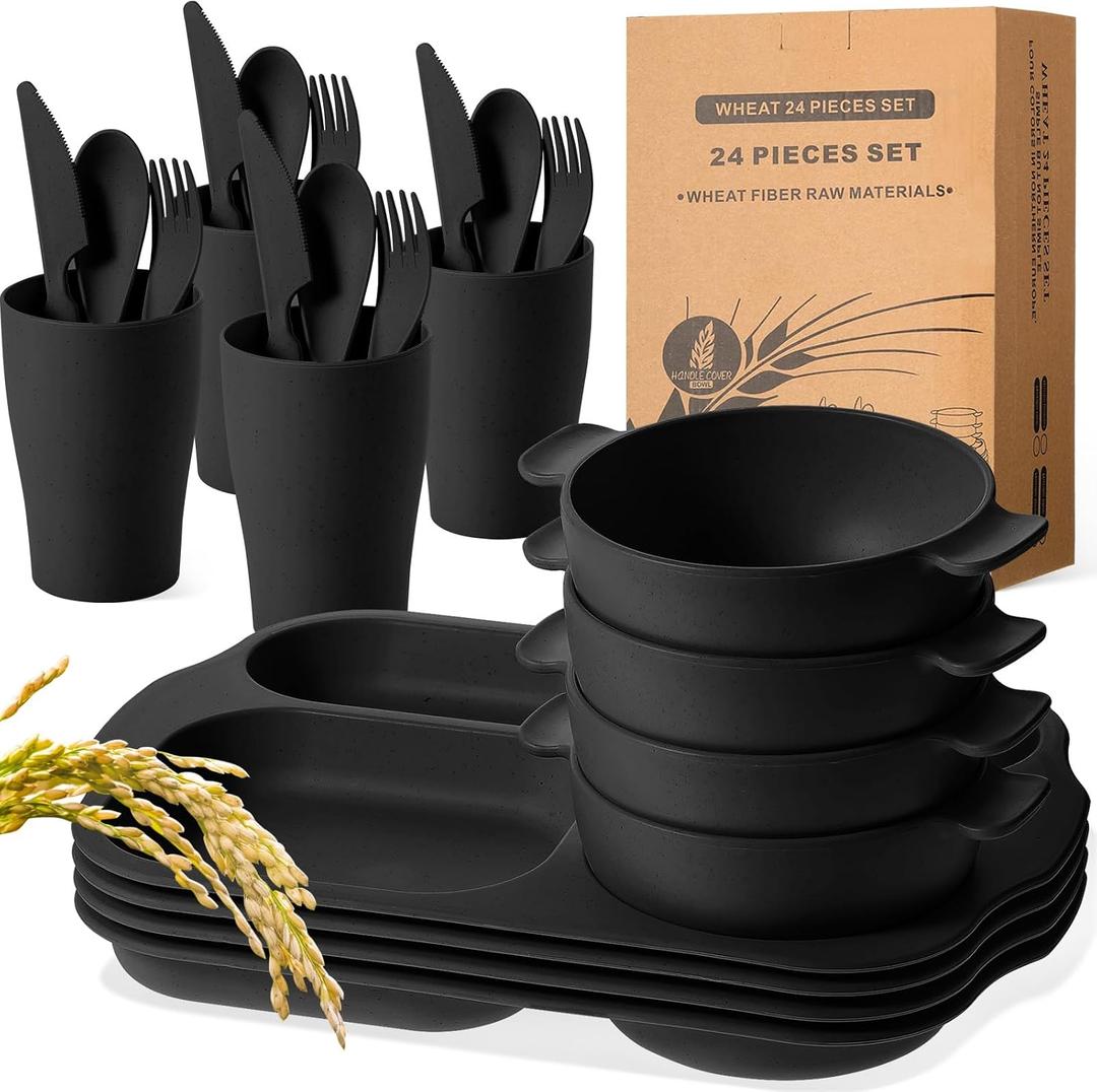 24 Pcs Wheat Straw Dinnerware Cutlery Set for Aldult Including Divided Plates Microwave Dishwasher Safe Bowl Unbreakable Tableware Straw Cutlery Spoon Knife Fork(Black)