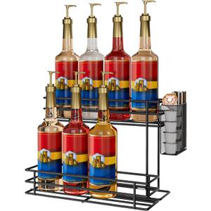 OVICAR Coffee Syrup Organizer Rack - 8 Bottle Holder Stand for Coffee Bar & Station Accessories with Straw & Pod Basket, 2 Tiers Black