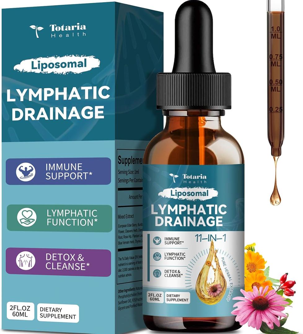 Liposomal Lymphatic Drainage Drops - 11 In 1 Organic Lymphatic Drainage Supplement with Burdock Root, Echinacea, Elderberry, Calendula, Cleavers Herb, Dandelion Supports Lymphatic Health 2 FL.OZ, Best Before: 2028/05/03