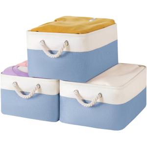 Storage Bins with Sturdy Cotton Handles(3 Pack), Fabric Storage Baskets for Organizing use for Office & Home, Book, Clothes, Toys, Closet Boxes (Medium, Blue-White, 14.2x10.2x7.1 inches)