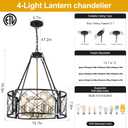 20'' Farmhouse Chandelier, 4-Light Black and Gold Dining Room Light Fixture Over Table, Rustic Industrial Drum Hanging Pendant Lights Fixture for Kitchen Island Living Room Bedroom Hallway Entryway