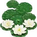 10pcs Artificial Floating Foam Lotus Flowers with Artificial Frog Lotus Leaves, Lily Pads for Lake, Pond Plants Ornaments for Pool Aquarium Water Decoration, White