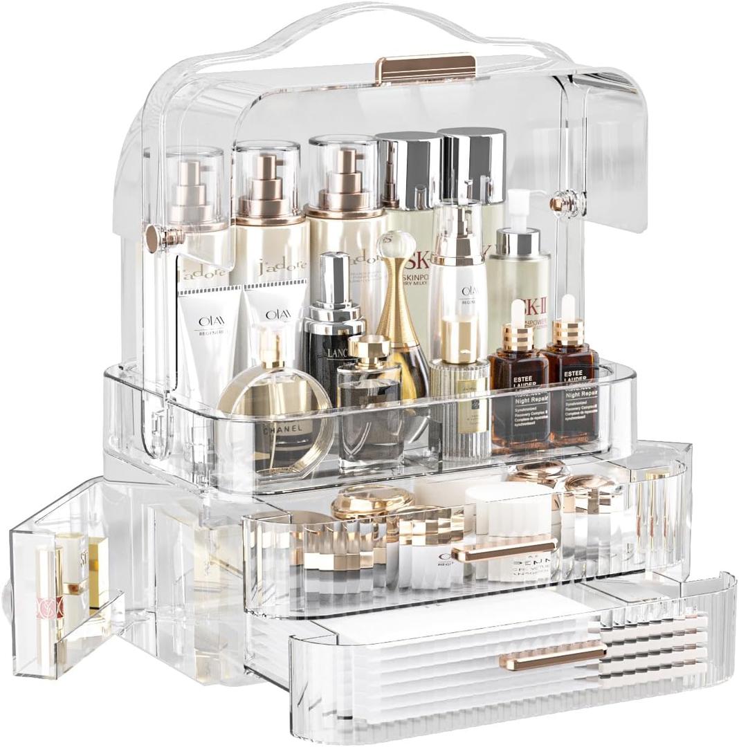 LINFIDITE Cosmetics Storage Box Transparent Lid Large Makeup Organizer Box Drawers Portable Handle Waterproof Dustproof Skincare Display Cases for Countertop, Bathroom, Dresser,Gift Clear (Clear-White)