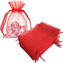 50 Pc Gift Organza Bags Red Drawstrings 4x6 Inch for Baby Shower,Christmas,1st Birthday,Party Favor,Wedding,Graduation Sheer Mesh Decorations Clear Fabric Wrap Sachet for Jewelry,Food