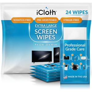 iCloth XL Screen Cleaning Wipes, Lint-Free and Streak-Free, Fast-Drying, Removes Dust, Fingerprints, and Smudges (24 XL Wipes)
