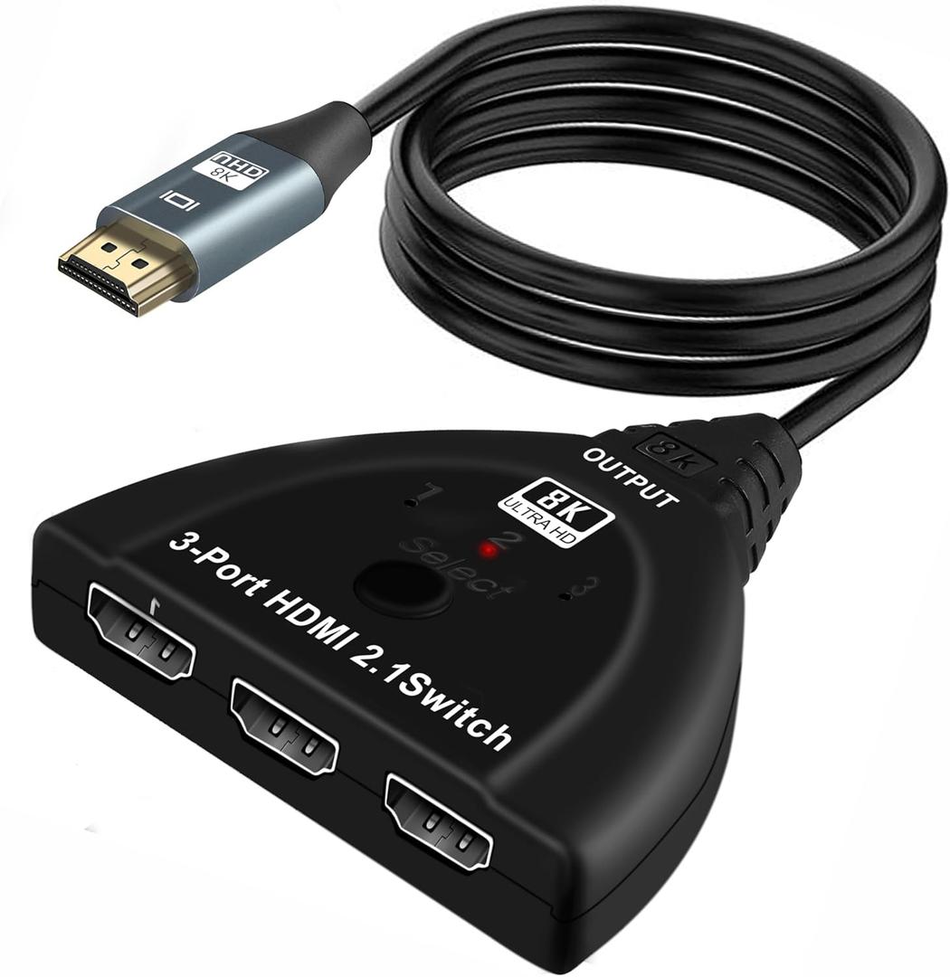 NEWCARE 8K@60Hz HDMI 2.1 Switch 3 in 1 Out, 4K@120Hz HDMI Switch Box with 2.9 ft HDMI 2.1 Cable, HDMI Splitter 3 in 1 Out Supports VRR, ALLM, HDR, HDCP 2.3, 3 Port HDMI Hub for Xbox PS5/4 HD TV