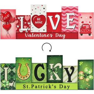 Valentines Day Decorations Indoor for Home Wooden Valentine Table Decorations Centerpieces Sign St.Patricks Day LUCKY LOVE Reversible Tabletop Decor Double-sided Irish Tiered Tray Decor Office Desk