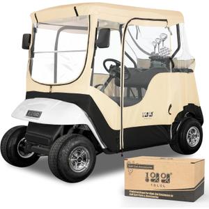 10L0L Golf Cart Enclosure Fit for 2 Passengers EZGO TXT RXV,600D Waterproof Snowproof Golf Buggy Keep Warm Cover, 2 Door Zippers 4-Side Clear Window and 4 Windproof Hooks Golf Cart Rain Cover, Black (Beige)