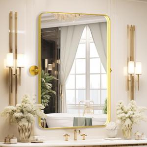 Adjustable Bathroom Mirrors Vanity Mirror - 22"x30" Gold Stainless Steel Rectangular Matte Rounded Rectangle Mirror with Brushed Rimmed Decorative Farmhouse Premium Frame Large Mirror