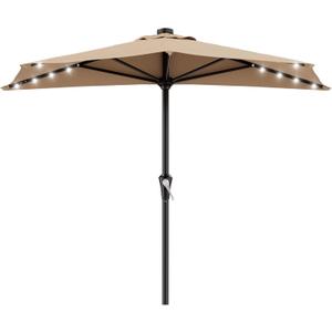 AreShark 9ft Patio Half Umbrellas with Solar Lights, 1/2 LED Half Outdoor Umbrella w/ 20 LED Lights, Lighted Table Wall Umbrella with Crank & 5 Sturdy Ribs for Market, Pool, Deck, Lawn and Garden, Beige