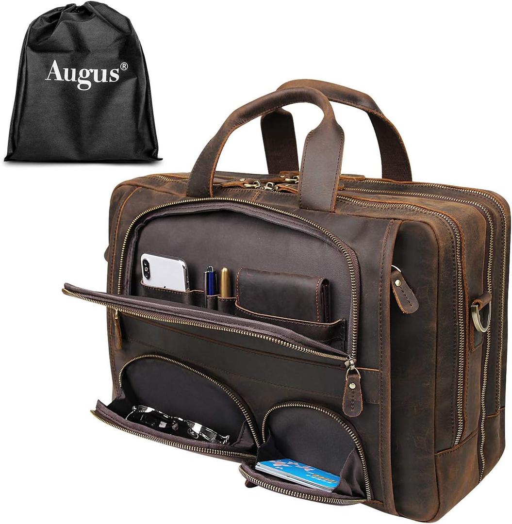 Augus Business Travel Briefcase Genuine Leather Duffel Bags for Men Laptop Bag fits 15.6 inches Laptop (Coffee-2)