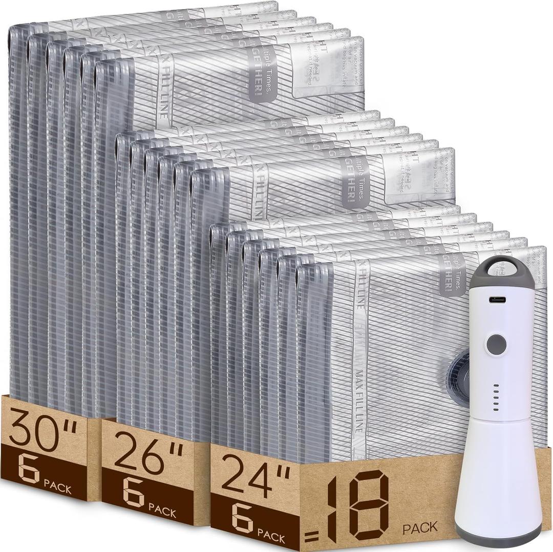 Vacuum Bags for Travel with Rechargeable air Pump, Carry-on Size Compression Packing Bags for Luggage and Suitcase, Space Saver for Clothes and Clothing 18 Combo Travel Size