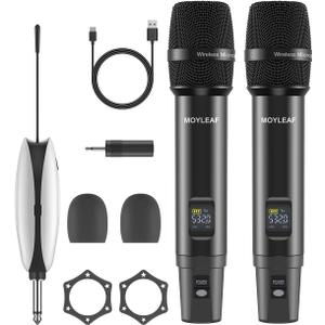 Wireless Microphones,Metal Dual Professional UHF Cordless Dynamic Wireless Microphone System,Rechargeable Microphone Receiver for Karaoke Singing, Wedding, Party, DJ, Speech, Church, Class Use, 240ft