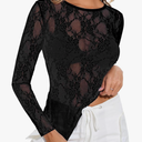 AKEWEI Womens Mesh Long Sleeve Tops Crew Neck Sexy See Through Tee Shirts Party Club Night Lace Blouse XL