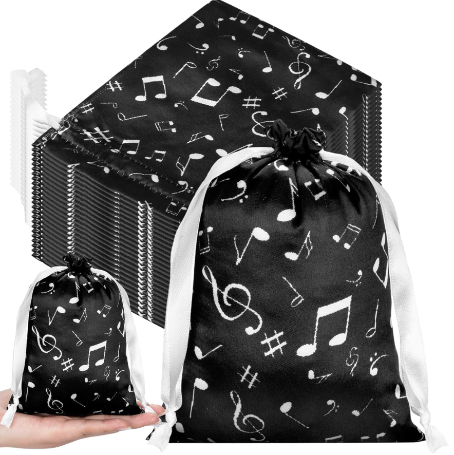 Wesnoy 24 Pcs Music Notes Gift Bags Musical Note Drawstring Treat Bag Music Decorations Party Favor for Musician Gifts Social Media Musical Party Supplies(5 x 7,White on the Black)