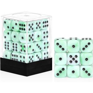36 Pieces 12mm 6 Sided Mini Dice Set, Mixed Colours Swirls D6 Game Dice Set,6 Sided Standard Game Dice for Board Games Dice Games Classroom Teaching Dices Game, with Portable Gaming Box (Green & White)