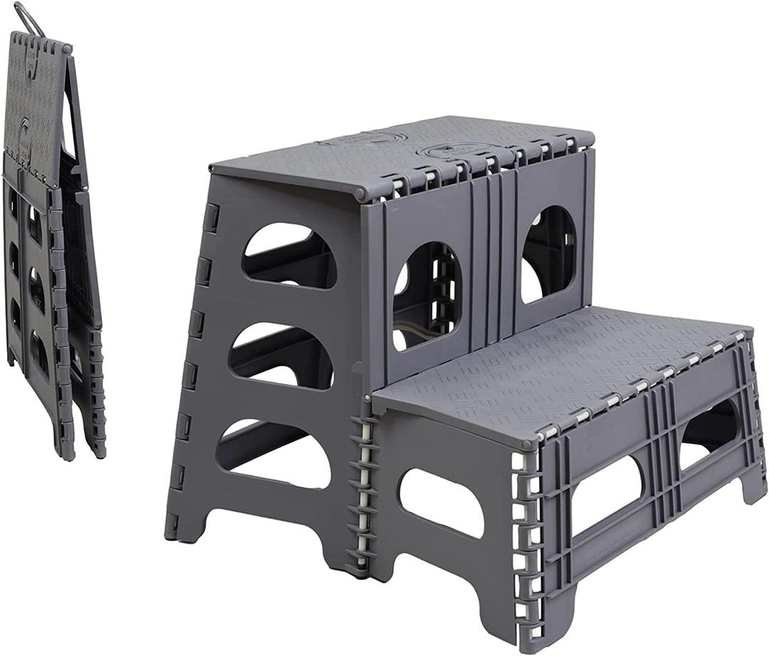 Bee Neat Folding 2 Step Stool for Adults - Collapsible & Foldable Step Ladder for Office, Garage, Closet, Bathroom - Non-Slip & Wide Stepping Stool Supports 300lbs - Industrial - Gray