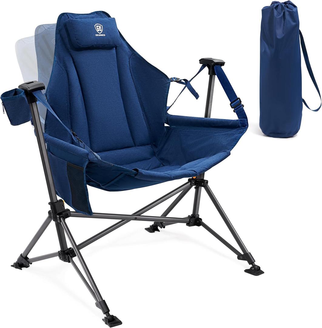EVER ADVANCED Padded Hammock Camping Chair, Oversized Heavy Duty Swing Chair with Detachable Cup Holder, Portable Folding Rocking Camping Chair, Support Up to 400lbs, Blue, 31in x 20in x 51in