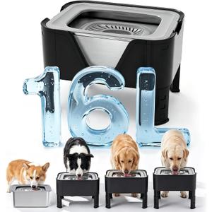 16L (4.23Gal) Extra Large (17.9x14x14.7) Elevated Dog Water Bowl, Height Adjustable Raised Stand for Large & XL Dogs, Stainless Steel No-Spill Bowl with Replaceable Filter for Multi Dog, No Pump