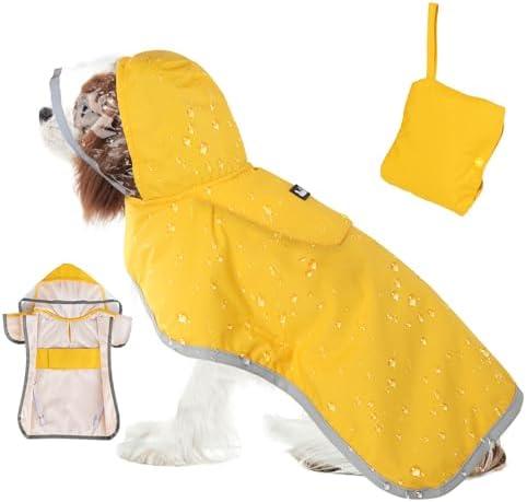 SlowTon Dog Raincoat, Adjustable Dog Rain Jacket Clear Hooded Double Layer, Waterproof Poncho with Reflective Strip Straps and Storage Pocket for Small Medium Large Dogs(M)