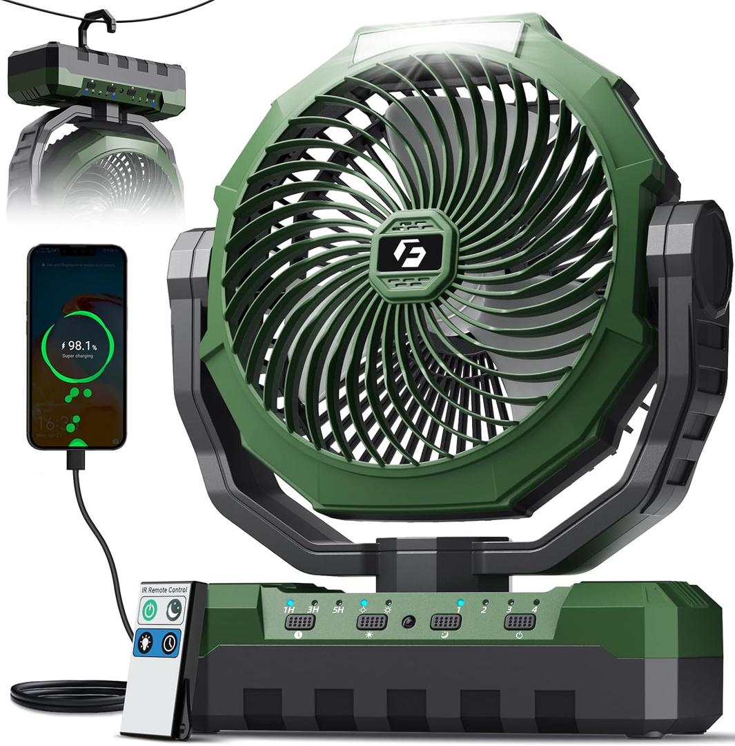 FRIZCOL 3-in-1 Camping Fan - Portable Fans Rechargeable - 24000mAh Battery Powered Fan with Light & Remote for Indoor, Outdoor, Tent, Travel, Fishing, Jobsite, Gifts for Men Dad Him - Green