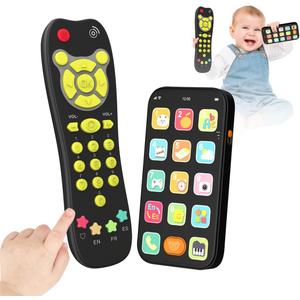 Toy Phone Baby Remote Control Toy Set, Play Phones TV Remote Control with Music Light for 6+ Months, Early Learning Baby Toys Gift for 1 Year Old Boys Girls Kids Toddler Infant, English/Spanish, Black