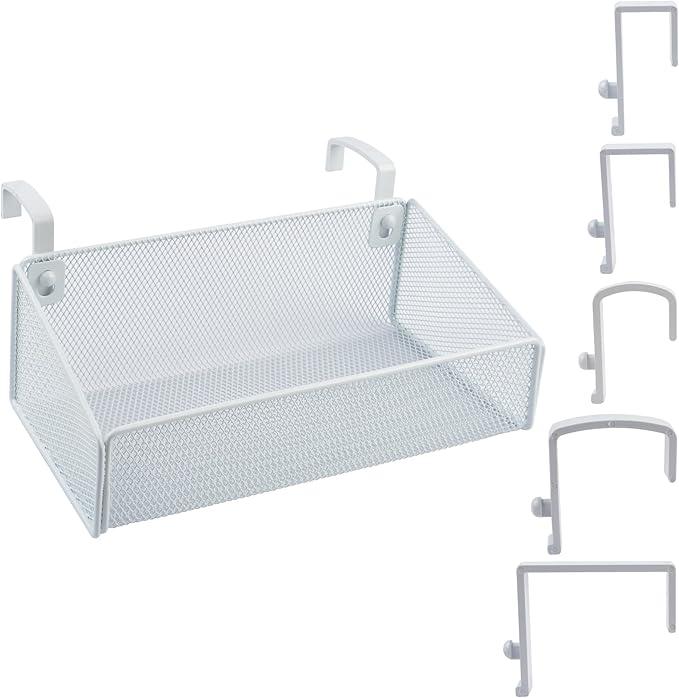 Bedside Shelf for Bed & Bunk Bed Storage Basket Office Cubical Wall Hanging Organizer - 5 Different Size Hooks - College Dorm Home Office Essentials for Phone, Book, Drink, Tissue (White)