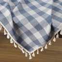 Romanstile Checkered Tablecloth Rectangle, Outdoor Waterproof Linen Cotton Gingham Table Cloth with Tassel, Heavy Duty Wrinkle Free Buffalo Plaid Table Cover for Dining Kitchen - 55 x 70 Inch, Blue