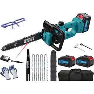 12" Cordless Chainsaw with 2x4.0Ah Batteries, 1200W High Power Electric Chainsaw with Auto Oiler & 4 Chains, 14m/s Fast Cutting Portable Saw for Tree Pruning & Yard WorkBlue