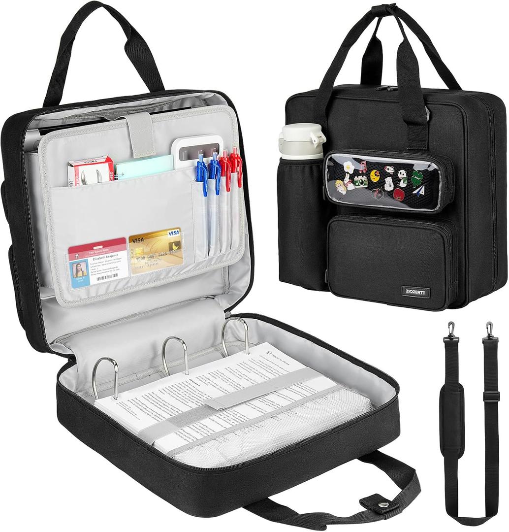 Zipper Binder 3 Ring with Ita Window,700 Sheets Capacity, Binder 3 Inch with Shoulder Strap Fits 13 Inch Laptop for School and Office,Black