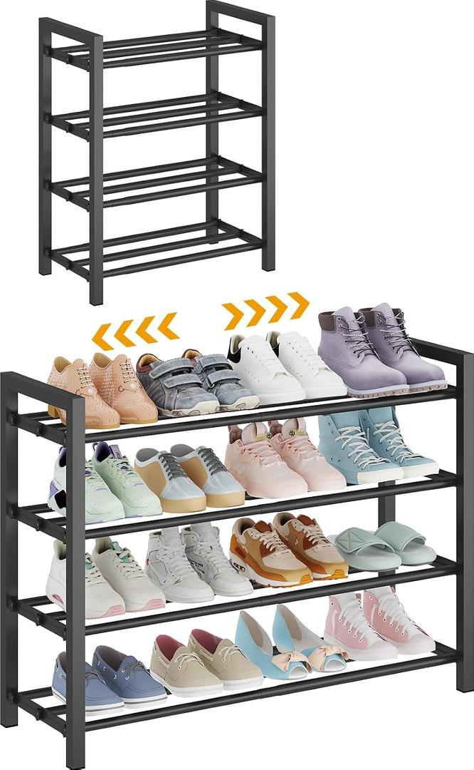 Detsuk 4-Tier Expandable Shoe Rack Adjustable Metal Shoe Organizer for Closet, Entryway & Mudroom Stackable, Heavy-Duty Storage, Black