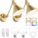 TRLIFE Rechargeable Battery Operated Wall Sconces, Dimmable and Adjustable Color Temperature Wireless Wall Sconces Set of 2 with Remote Control, Gold Swing Arm Wall Light for Bedroom Bedside Hallway