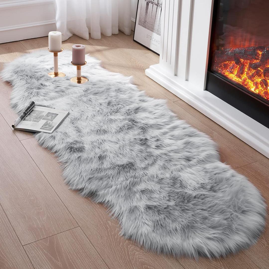 Faux Fur Rug for Bedroom, Gray Fluffy Rug Soft Sheepskin Runner Rug Sofa Couch Seat Cushion, 2x6ft Grey Plush Area Rug Shag Rugs Floor Carpets for Nursery Bedside, Cute Shaggy Fuzzy Home Decor