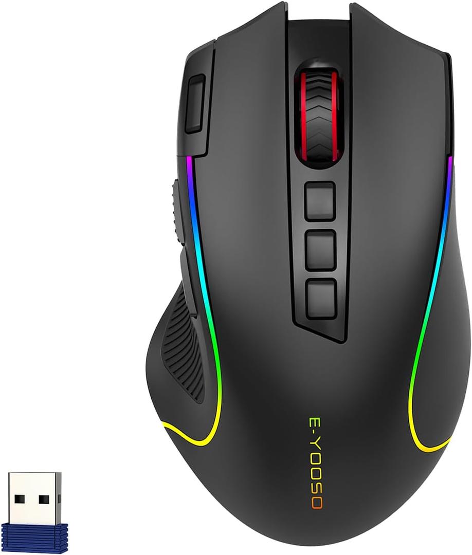 E-YOOSO Premium Wireless Bluetooth Versatile Mouse,8000 DPI,6 RGB Backlit,USB C Rechargeable,Ergonomic,2.4G/BT/Wired,Rapid Fire Key,75-Hour Power Capacity,Ideal for Gaming/Office/Home/Computer/Laptop