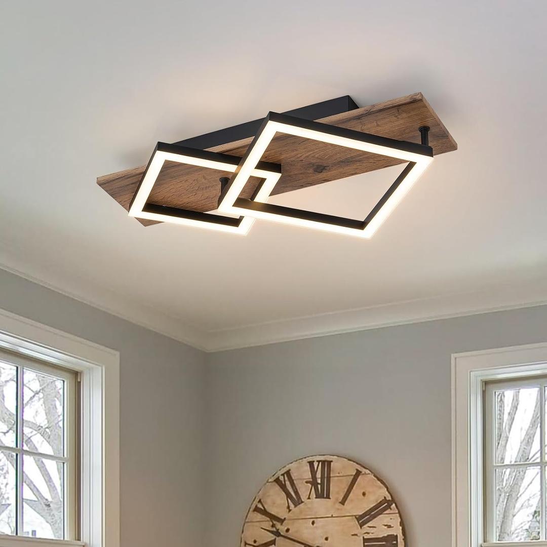 EDISLIVE Modern Wood LED Ceiling Light Square 18.7in Flush Mount Lighting Fixture 24W 3000K Kitchen Ceiling Lights for Bedroom Living Room Kitchen Hallways