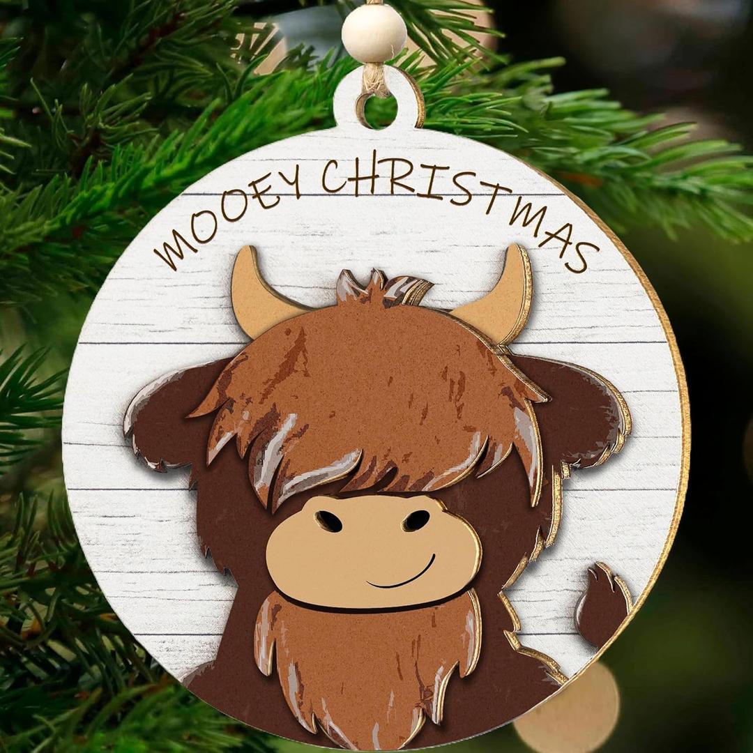 2 Layered Wooden Highland Cow Christmas Ornaments, Farmhouse Christmas Decor, Western Farm Decor Gifts for Family, Mom, Dad, Friends, Cow Farmers, Hanging on Holiday Decorations (Baby)