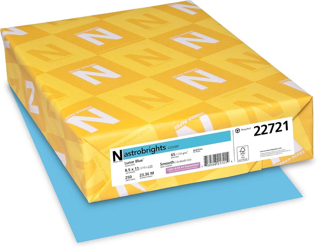 Astrobrights Color Card Stock, 8 1/2" x 11", FSC Certified, 30% Recycled, 65 Lb, Lunar Blue, Pack of 250, 65lb Colored Cardstock