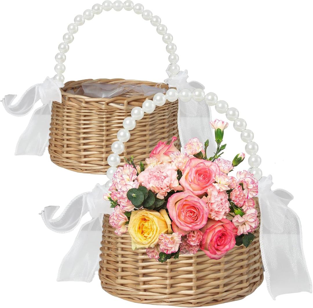 2 Pack Flower Girl Basket, Small Wicker Rattan Basket with Pearl Handle Ribbon Bow Plastic Liner, Decorative Flower Gift Basket for Wedding, Home Decor