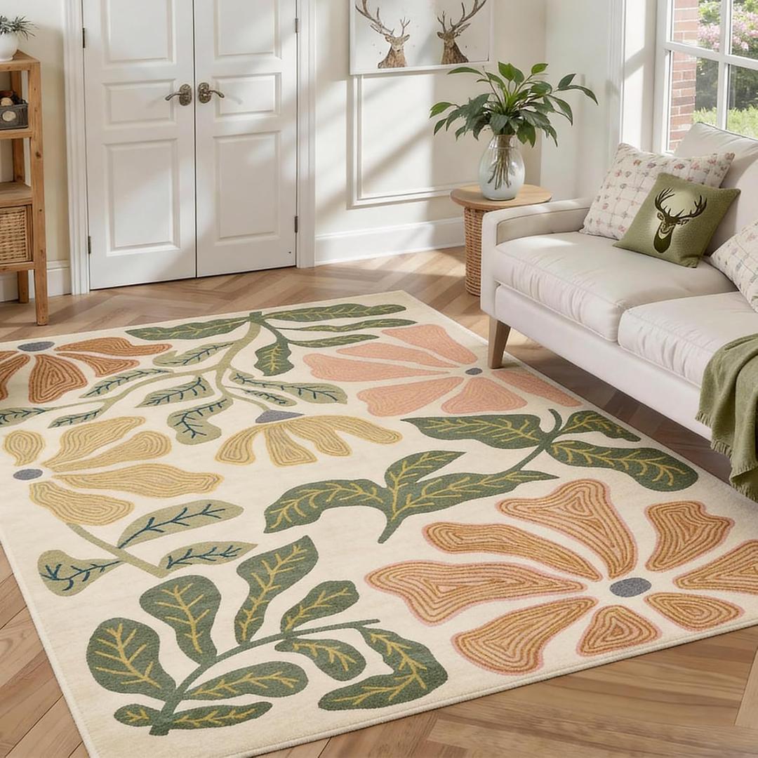 Warmstar 9×12 Large Area Rug for Living Room,Washable Farmhouse Floral Area Rug Non-Slip TPR Backing, Faux Wool Low Pile Vintage Botanical Carpet for Bedroom Dining Room,Cream