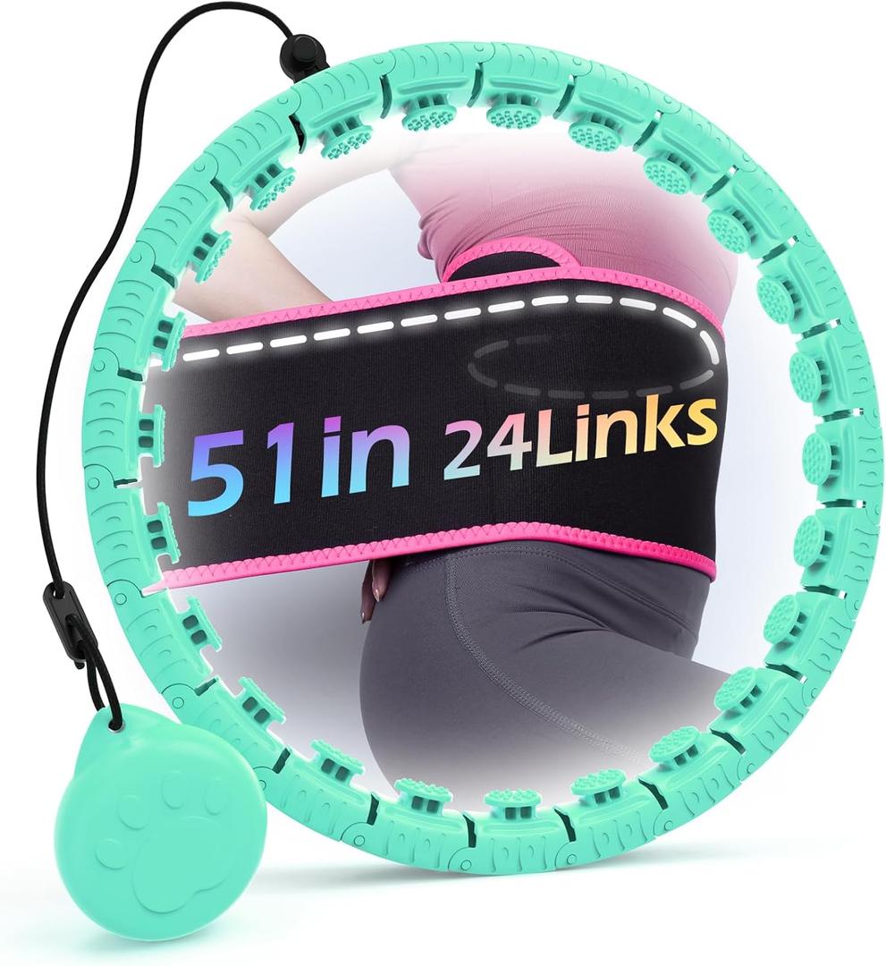 Weighted Hula Circle for Adults Weight Loss, Infinity Fitness Hoop Plus Size 51 Inch with Sweat Belt, Include 27 Detachable Links and Waist Trainer for Women (B-Cyan)