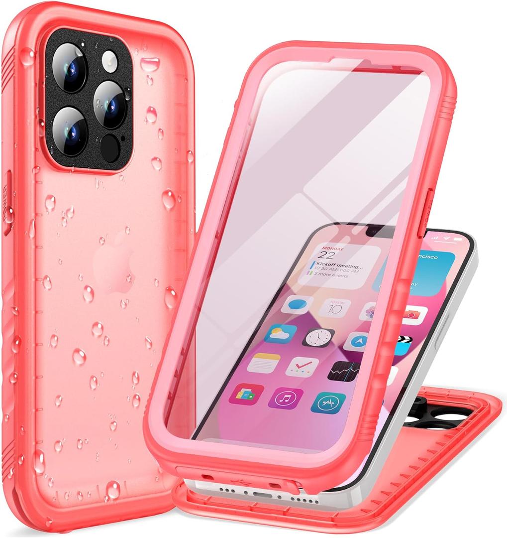 Cozycase for iPhone 15 Pro Waterproof Shockproof Dustproof Case - Heavy Duty/360 Full Body/Military Grade/Protective/Rugged 8FT Drop Proof Built in Screen/Camera Protector with Lanyard Pink