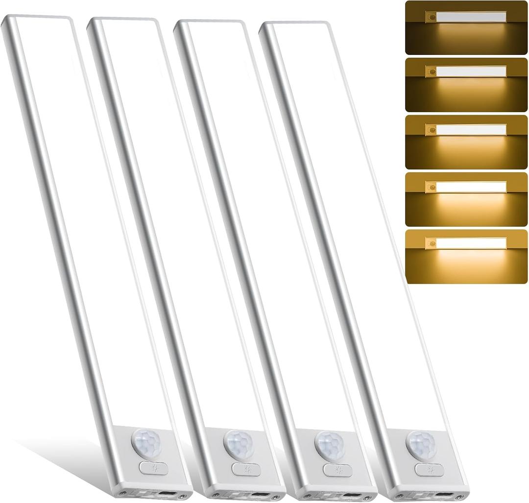 12inch Under Cabinet Lighting, 4 Pack Rechargeable Motion Sensor Light Indoor, Wireless Dimmable Magnetic Closet Lights, 50 LED Under Counter Lights for Kitchen, Wardrobe, Stairs, Warm Light