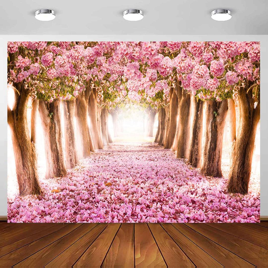 Cherry Blossom Backdrop 7X5ft Pink Flower Cherry Blossom Tree Backdrop Party Banner Romantic Nature Scene Background Bridal Shower Wedding Photo Props Decoration 