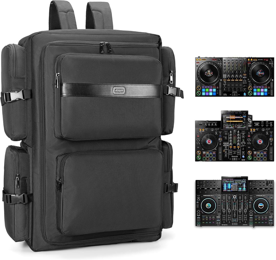 Rabjen DJ Backpack for Club Gigs, DJ Mixer Case Compatible with Pioneer DDJ-REV7, Pioneer DDJ-RX, Denon DJ SC LIVE 4, Novation Launchkey 49 and More Equipment (black)