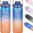 Motivational Water Bottle 32oz with Time Marker- Leakproof & BPA Free Sports Water Bottle with Straw & Carry Strap for Gym, Travel and Outdoor Sports (Blue/Orange Gradient)