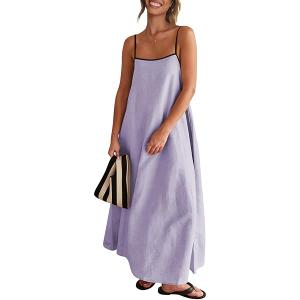 Senllen Women's Linen Dress Summer Loose Flowy Sundress Contrast Spaghetti Strap Sleeveless Backless Beach Maxi Long Dresses XL