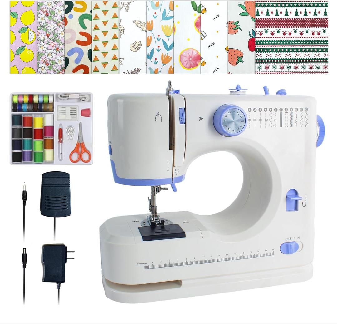 Stoigeld Sewing Machine for Beginners with 20 Pcs Fabric and 32 Pcs Sewing Threads Kit,Portable Sewing Machine with 12 Built-in Stitches,2 Speed(High-Low Speeds) - White Blue