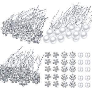 60 Pieces Bridal Wedding Hair Pins Silver Pearl Rhinestone Crystal Flower U Shape Clips Diamond Jewelry Updo Hair Barrettes Prom Styling Decorations Accessories for Brides Bridesmaids Women