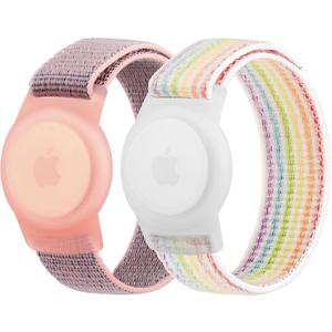 Meliya Nylon AirTag Bracelet for Kids, 2 Pack Nylon Watch Bands Compatible with AirTag, Adjustable Anti Lost Wristband for Toddler Child Elders Small Large (Pink Sand+Rainbow, Large (5.1"-7.4"))