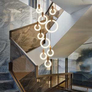 JAYMP 10 Rings Modern Dimmable LED Chandeliers for Staircase High Ceiling Living Room Wooden Base Acrylic Lampshade Pendant Light Hotel Entrance Foyer Lighting (Round Ceiling Base, 10 Rings)